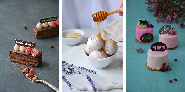 Three images: The left most image is of a chocolate layered cake slice with white chocolate dipped raspberries and chocolate decor saying "congratulations". The middle image is of white lavender truffles in a white bowl on a cutting board. Honey is being poured over the truffle. A small white bowl of honey sited in the background, and springs of lavender sit in front. The right most image is of three pink cakes on a teal table with mother's day chocolate decor. Purple flowers are spread in the background. 