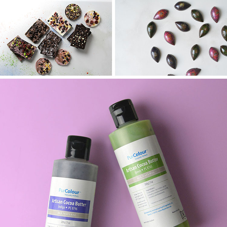 Collection of images, the top left image has chocolate bars against a white backdrop, the top right image has multicolored tear-drop bon-bons, and the bottom image with two bottle of cocoa butter, one in indigo and the other in green against a purple backdrop