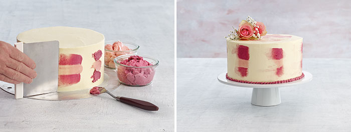 Two images: the right image is a white cake being painted with intermittent light and dark pink dollops and spread across the side with a large frosting knife. Two bowls of pink frosting in glass bowls sit next to the cake with a palette knife with pink frosting in front. The right image is a finished cake with intermittent pink swatches of buttercream with rose decorations on top. 