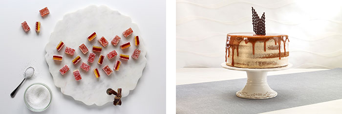 Two images: Left image is of red and yellow fruit chews. covered in sugar. Right image is of a half-naked caramel cake with chocolate decor. 