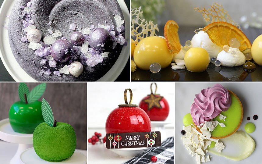 Collection of images: The top left picture is of a gray cake with lavender spheres and rock decor. The Top right imags is deconstructed pavlove with candied orange slices. The bottom left image is of cakes shaped like green apples. The bottom middle picture is of cakes shaped like red ornaments with a signing saying "Merry Christmas". The bottom right picture is of a tart filled with a lime curd with pink frosting on top. 